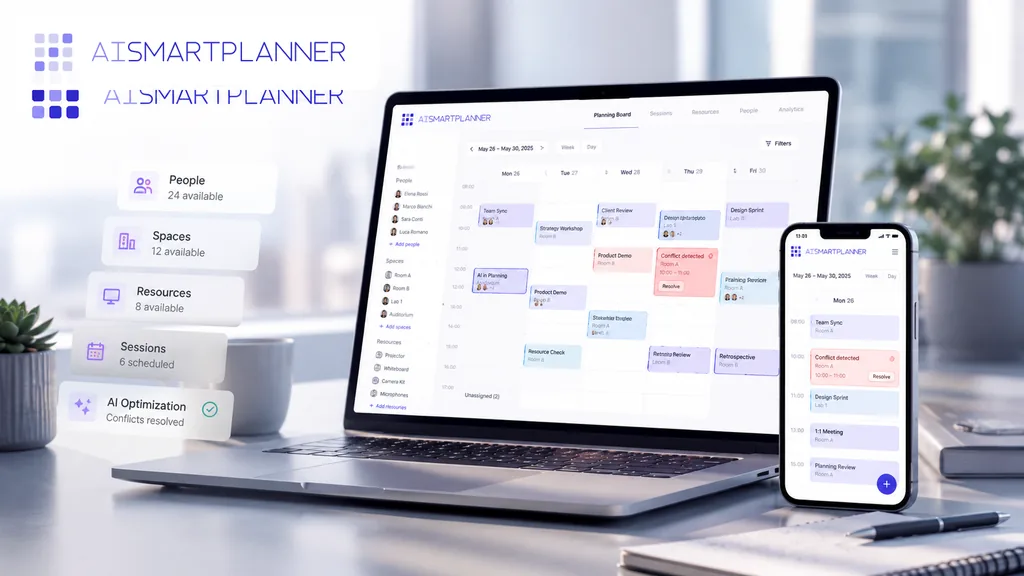 Immagine generata con IA: planning board di AI Smart Planner su desktop e mobile, con pannelli di persone, spazi, risorse e sessioni disponibili (interfaccia dimostrativa).