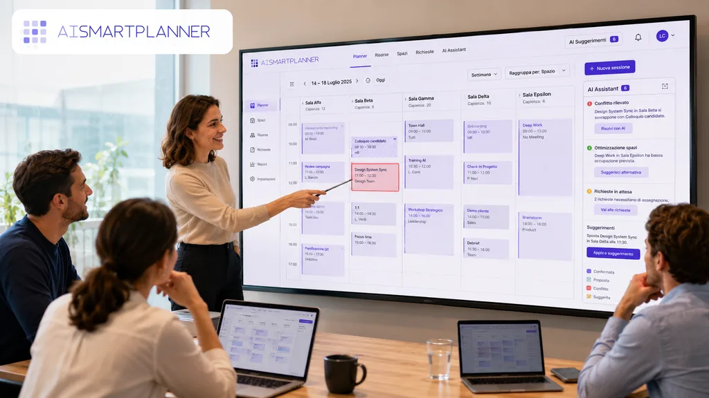 Immagine generata con IA: team in sala riunioni davanti a uno schermo con il planning board di AI Smart Planner, che segnala un conflitto e propone una soluzione (interfaccia dimostrativa).