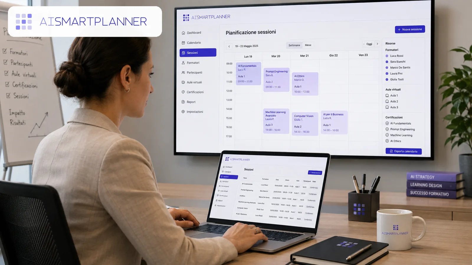 Immagine generata con IA: persona al computer con il calendario delle sessioni di formazione aziendale, formatori e certificazioni di AI Smart Planner (interfaccia dimostrativa).