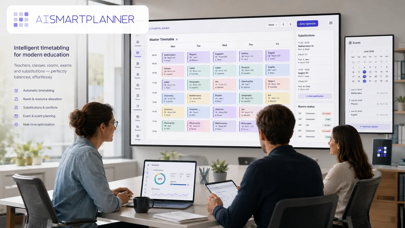 Immagine generata con IA: docenti davanti a uno schermo con l’orario scolastico master, sostituzioni e stato delle aule di AI Smart Planner (interfaccia dimostrativa).