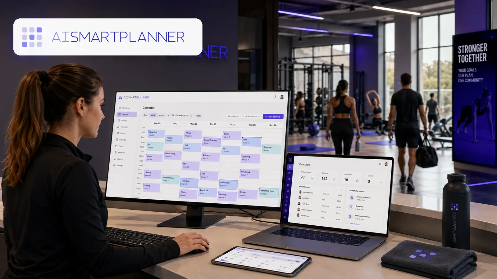 Immagine generata con IA: istruttrice davanti al calendario di corsi, istruttori e prenotazioni di un centro sportivo su AI Smart Planner (interfaccia dimostrativa).